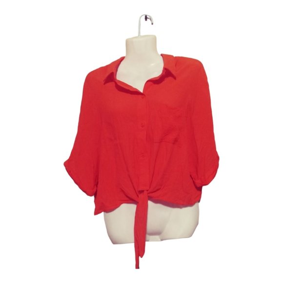 Topshop size 4 bright orange Button Front Tie Waist Short Sleeve Top - Picture 1 of 5